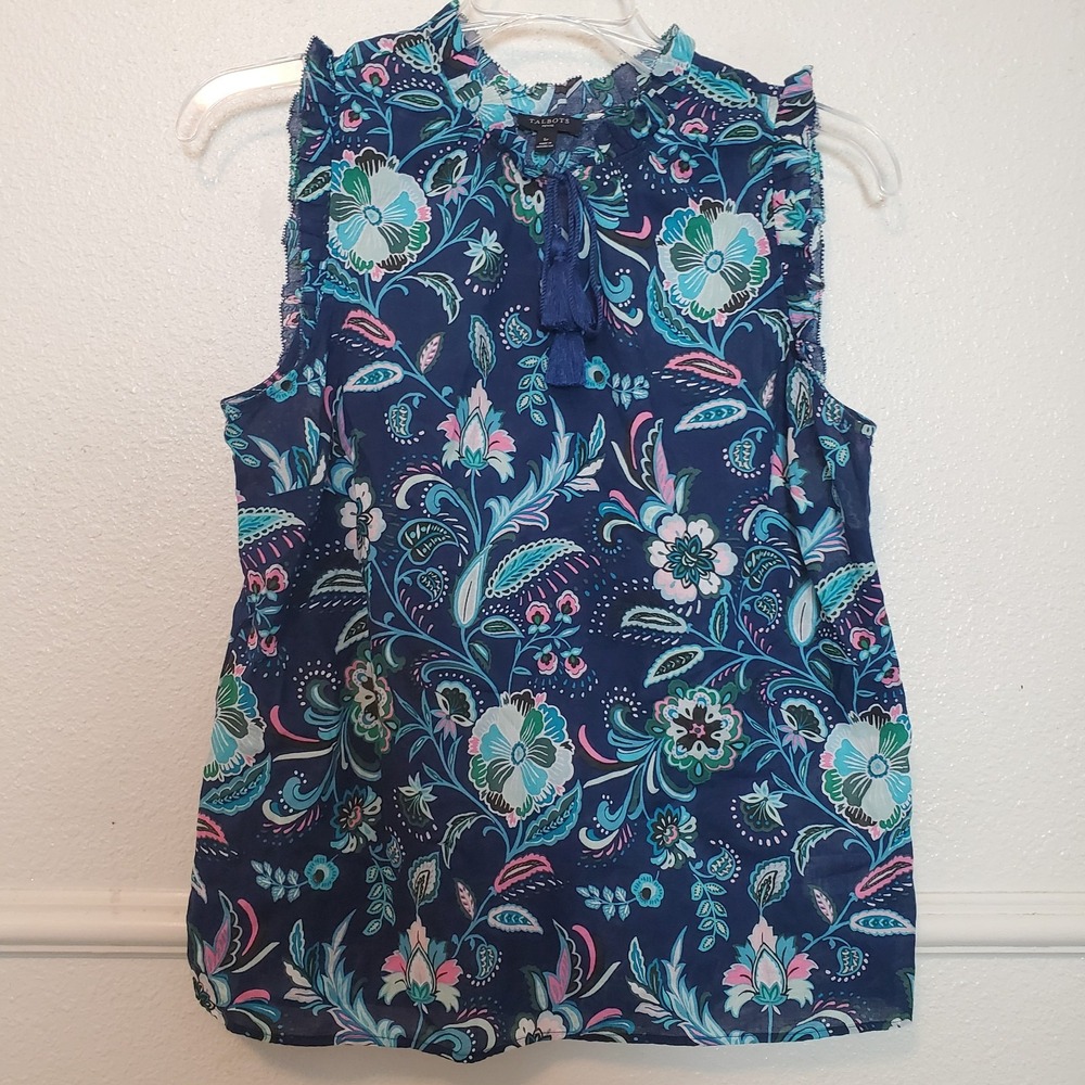 Talbots Petite Womens Navy Blue Floral Tassel Tie Ruffle Sleeveless Blouse SP